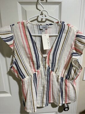 Evereve Cream Striped V-Neck Peplum Blouse with Pink and Navy